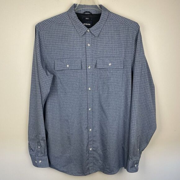 Prana Vented Shirt Men’s L Tall Blue Check Button Up Casual Trail Hiking Fishing - Picture 1 of 12